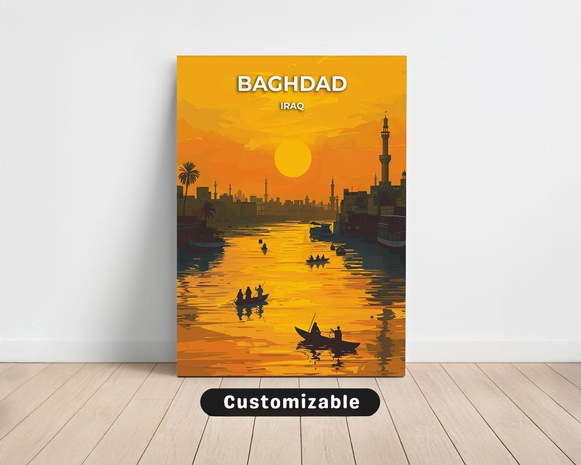 Baghdad Iraq Golden Sunset River Minarets Retro Travel Poster