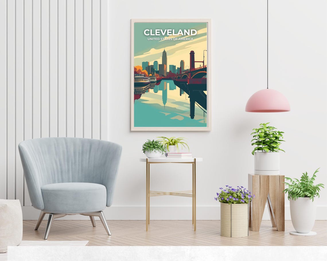 Cleveland USA Skyline River Reflection Ferry Bridge Travel Print - Image 2