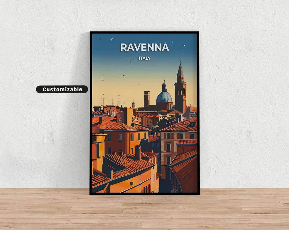 Ravenna Italy Travel Poster Rooftop Skyline Cathedral Dome Sunset Art