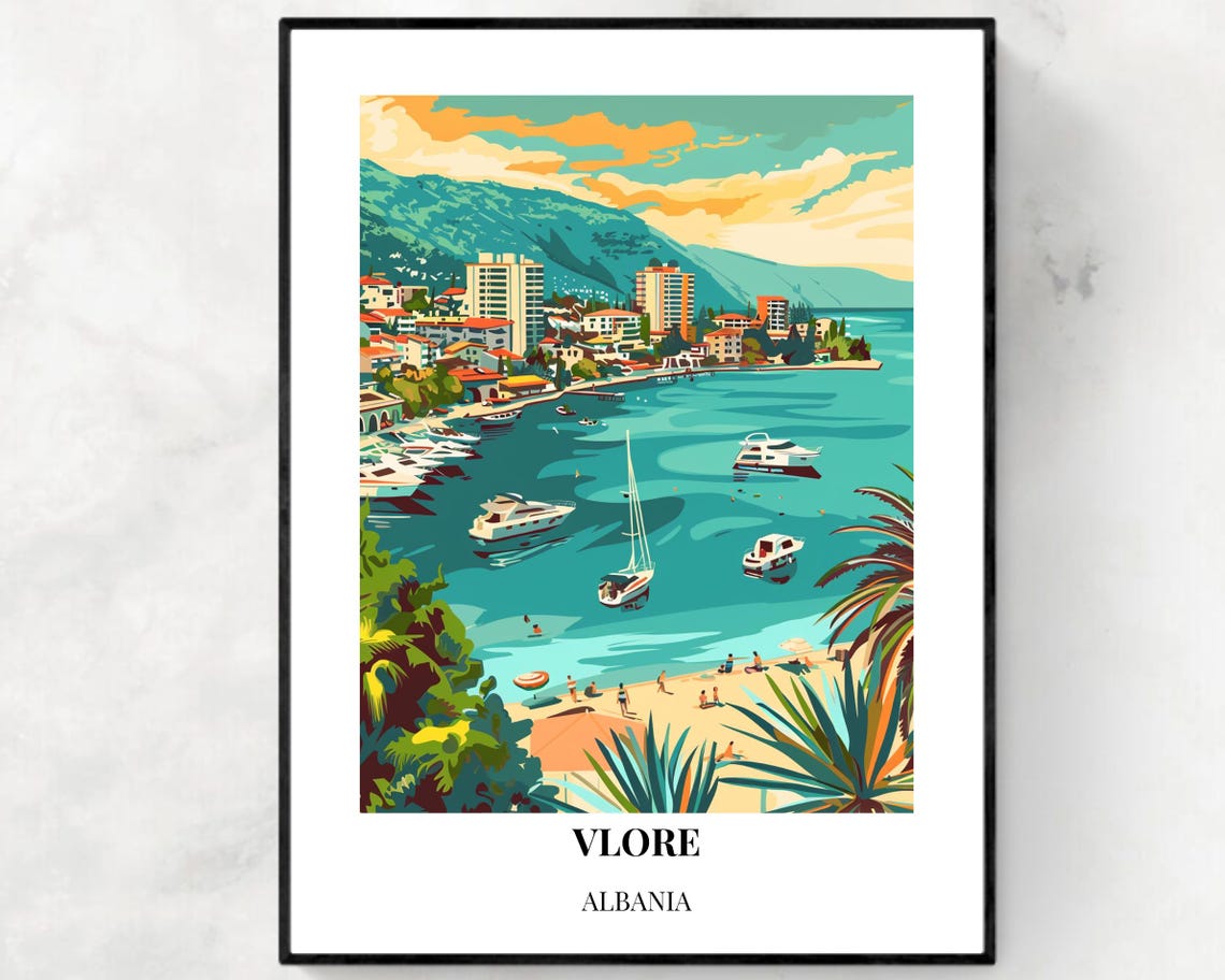 Vlore Albania Bay With Sailboats Beach Coastline Travel Poster