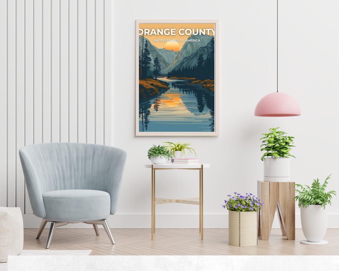 Orange County California Sunset Over Mountain River Travel Poster - Image 2