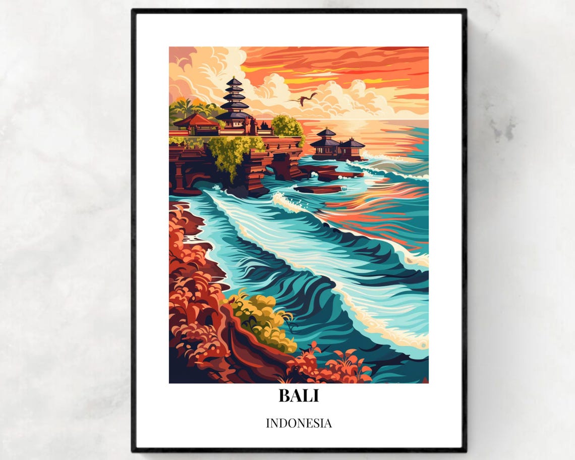 Bali Indonesia Cliff Temple Orange Sunset Ocean Waves Poster