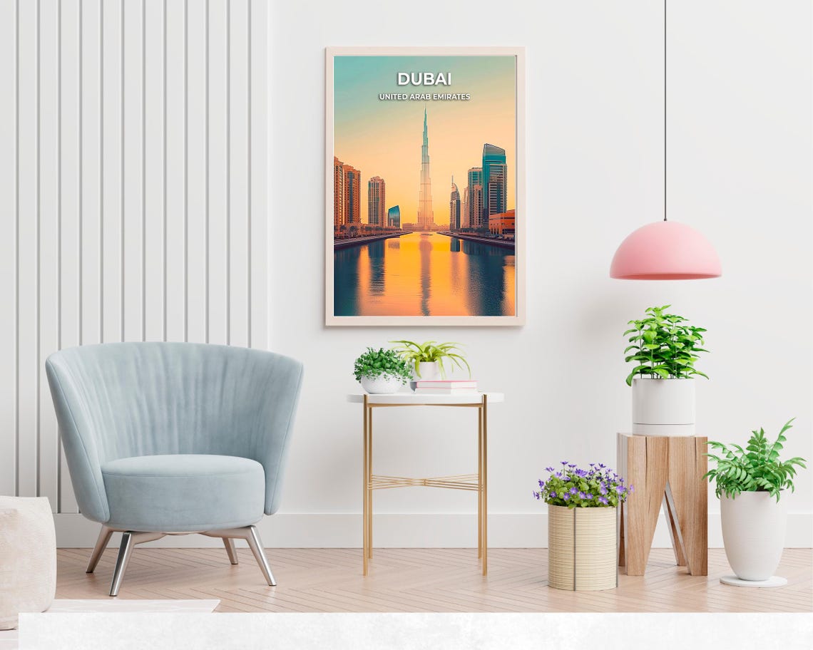 Dubai Burj Khalifa Skyline Golden Sunset Canal Reflection Poster - Image 2