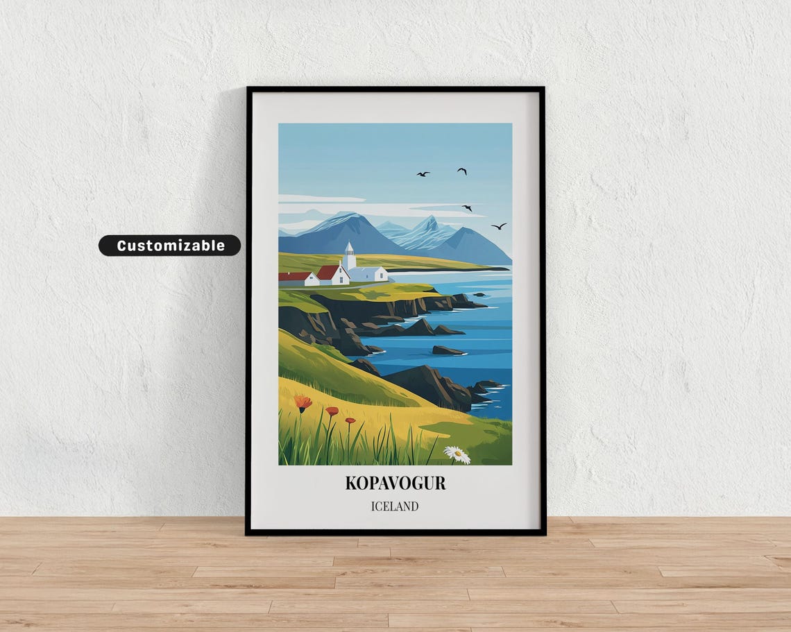 Kopavogur Iceland Coastal Cliffs Church Customizable Travel Poster