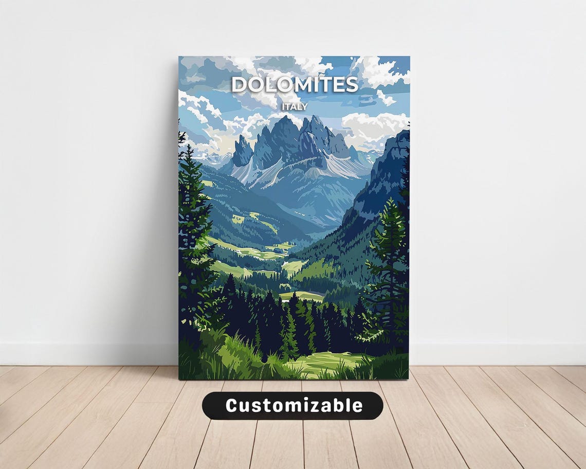 Dolomites Italy Mountain Travel Poster Alpine Peaks Landscape Art