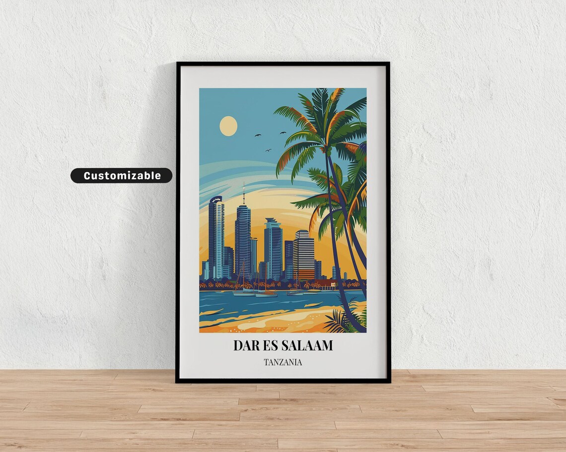 Dar Es Salaam Tanzania Skyline Beach Palm Retro Travel Poster