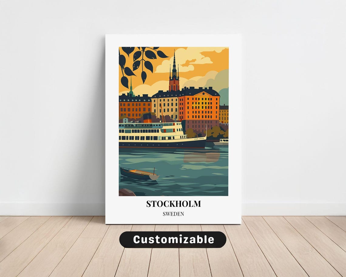 Stockholm Sweden Harbor Ferry Waterfront Vintage Travel Poster