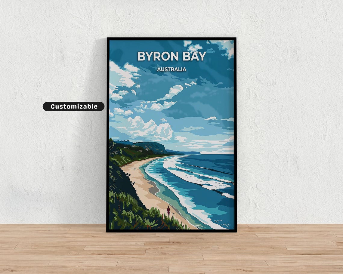Byron Bay Australia Travel Poster Aerial Beach Surf Waves Ocean Decor