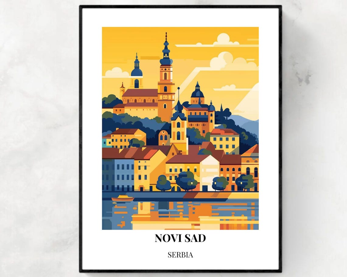 Novi Sad Serbia Riverside Skyline Golden Hour Vintage Poster