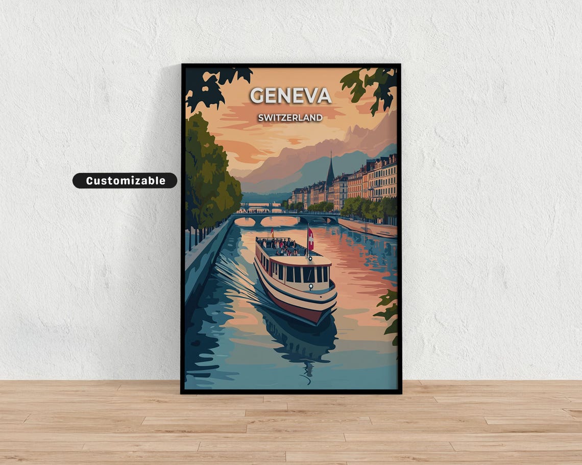 Geneva Switzerland River Boat Sunset City Custom Travel Poster