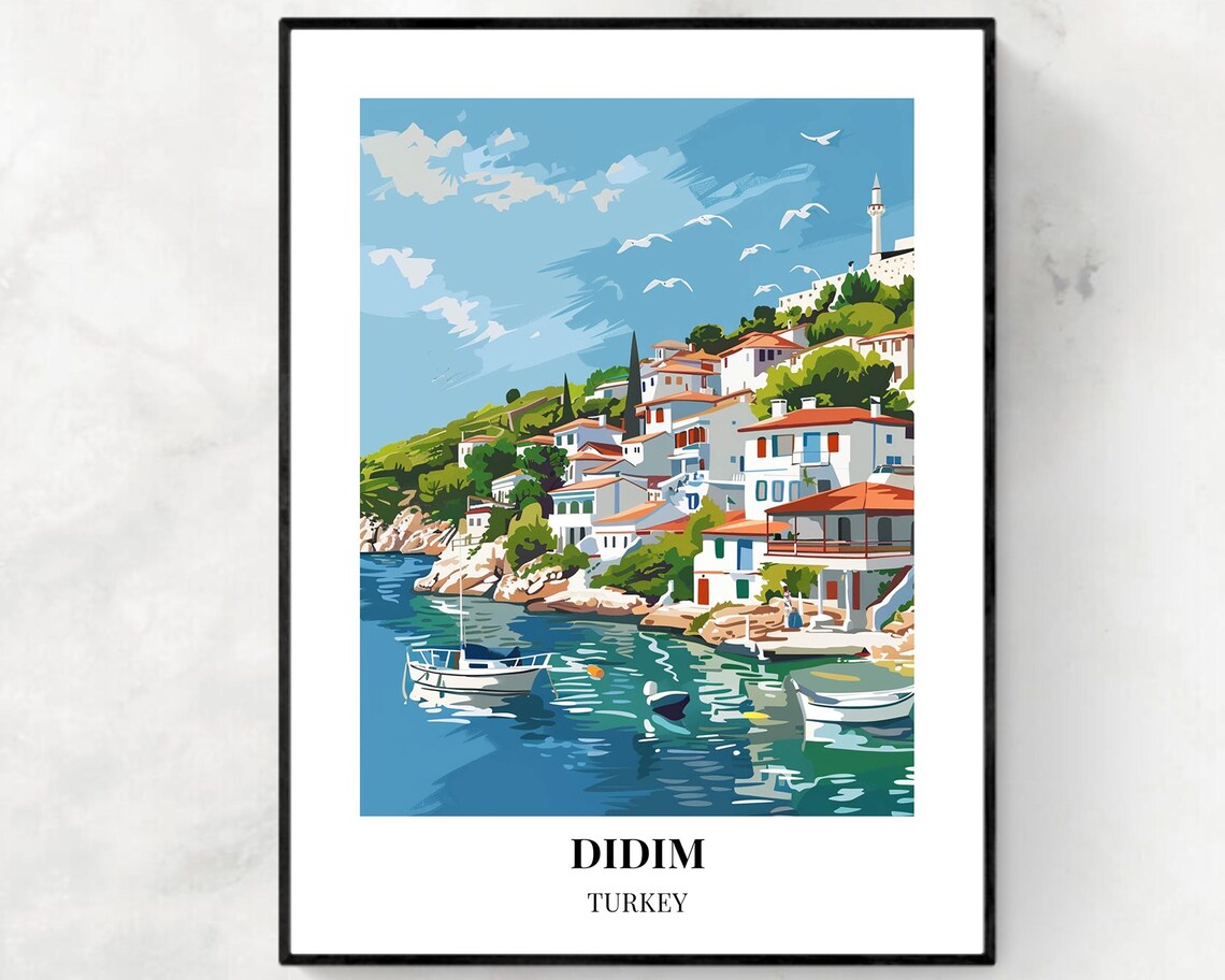 Didim Turkey Seaside Village With Boats Vintage Travel Poster Art