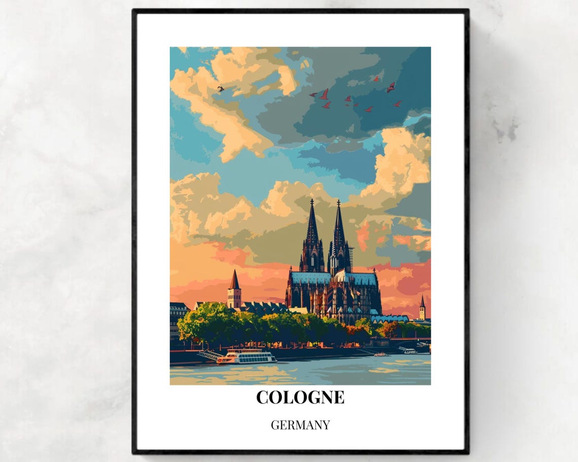 Cologne Germany Cathedral Rhine Sunset Travel Poster Artwork