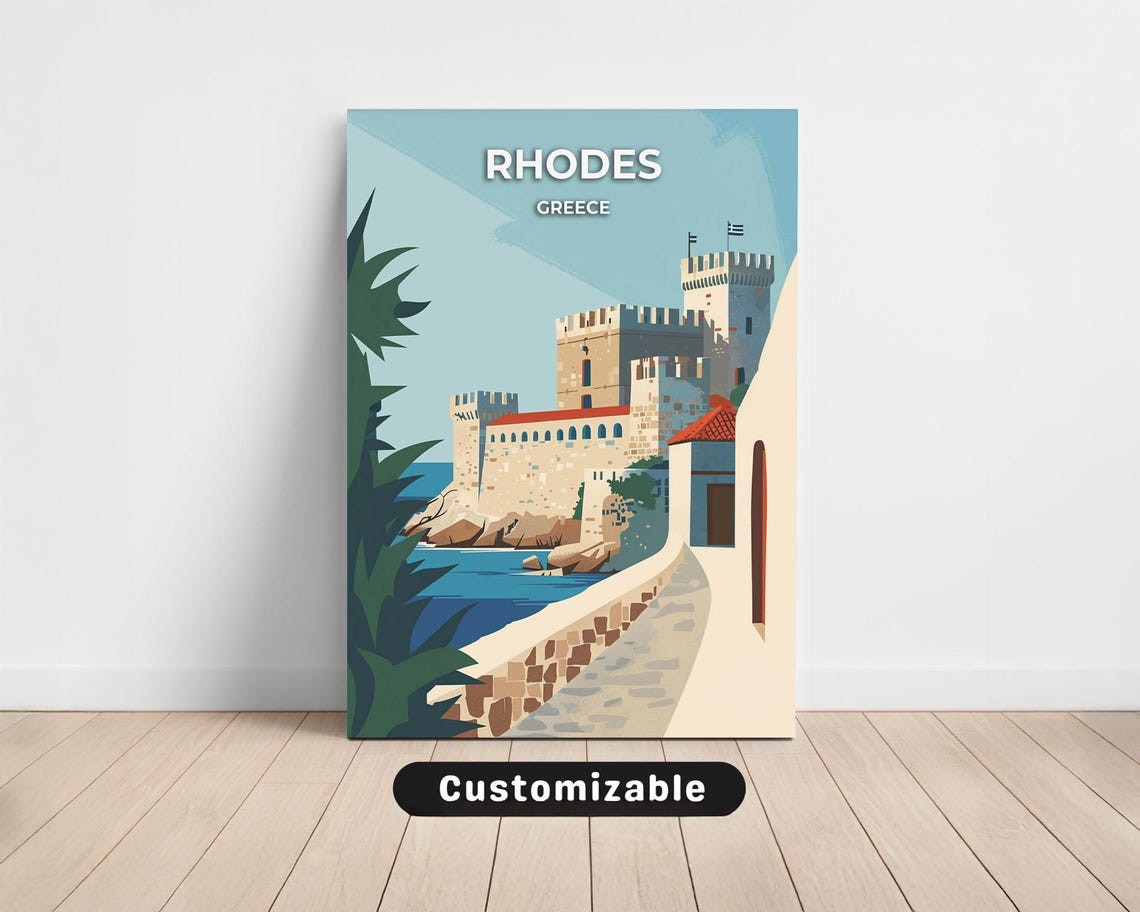 Rhodes Greece Coastal Castle Fortress Over Seaside Travel Poster