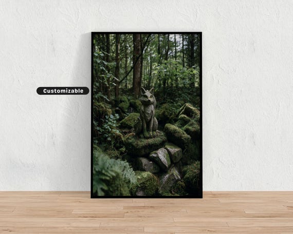 Fox Shrine Statue Among Mosscovered Stones In Quiet Woods Japanese Wall Art Print Zen Asian Decor