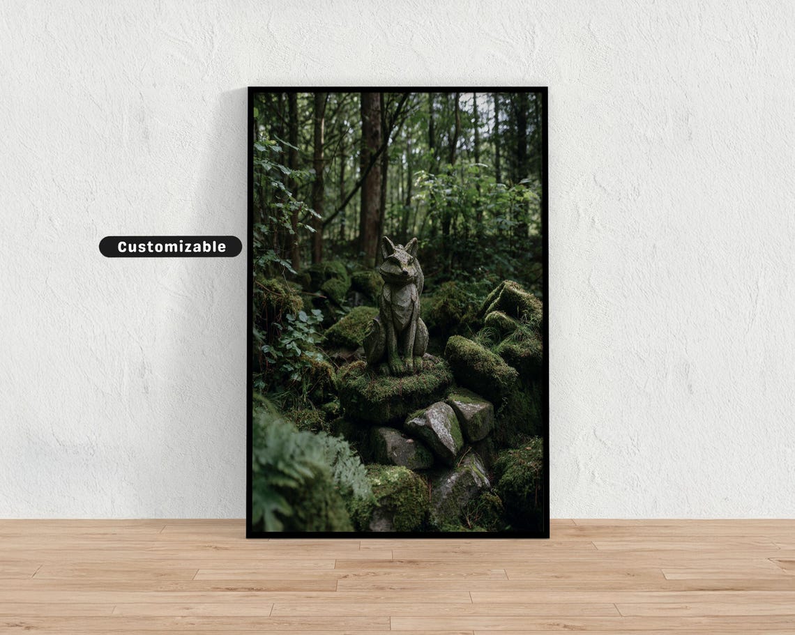 Fox Shrine Statue Among Mosscovered Stones In Quiet Woods Japanese Wall Art Print Zen Asian Decor