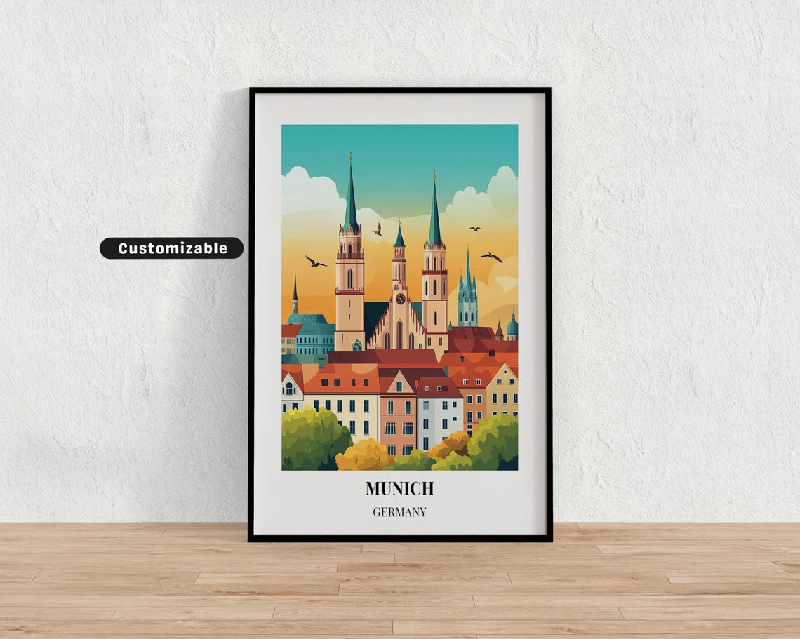 Munich Germany Cathedral Towers Sunset Skyline Travel Poster