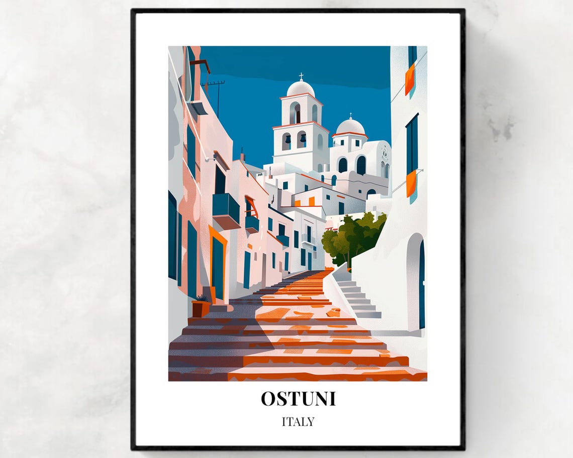 Ostuni Italy Staircase Poster with White Town and Bell Towers