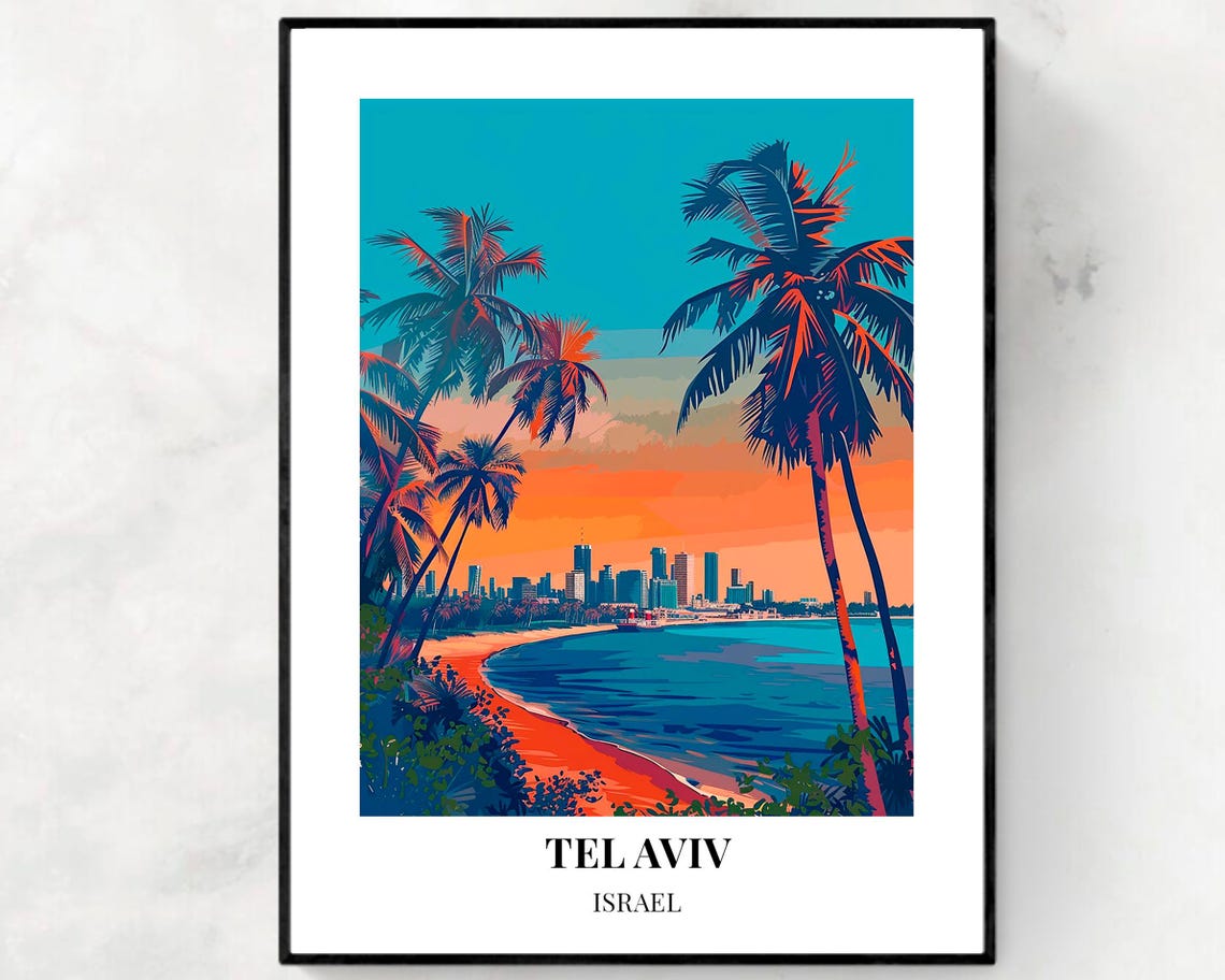 Tel Aviv Israel Beach Sunset Skyline Palm Trees Travel Poster