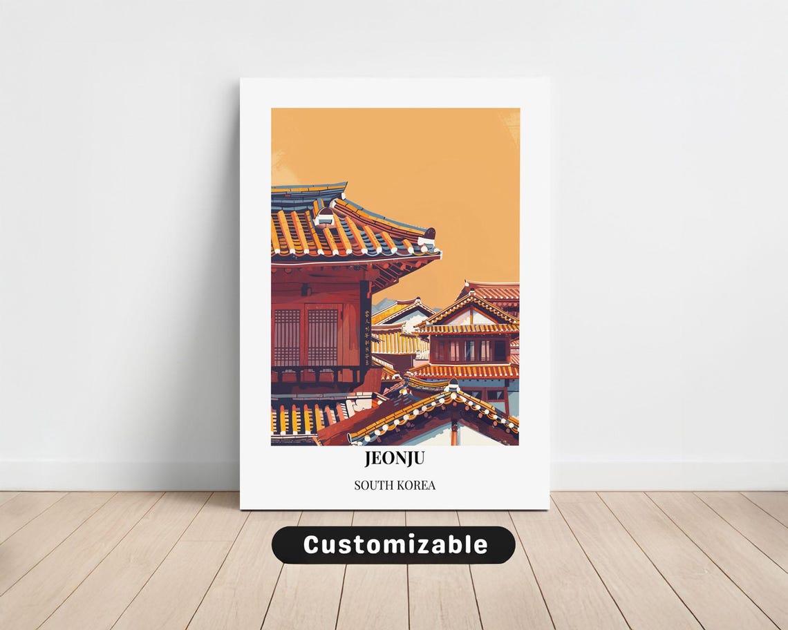 Jeonju Korea Traditional Hanok Rooftops Sunset Travel Poster