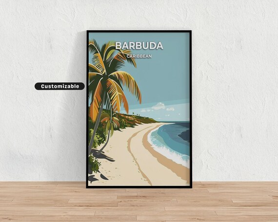 Barbuda Caribbean Palm Beach Travel Poster Tropical Island Decor