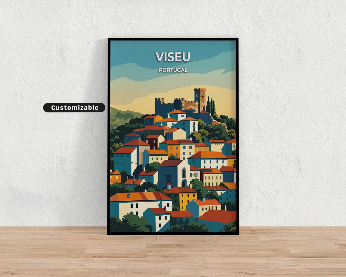 Viseu Portugal Hill Town Castle Rooftops Vintage Travel Poster