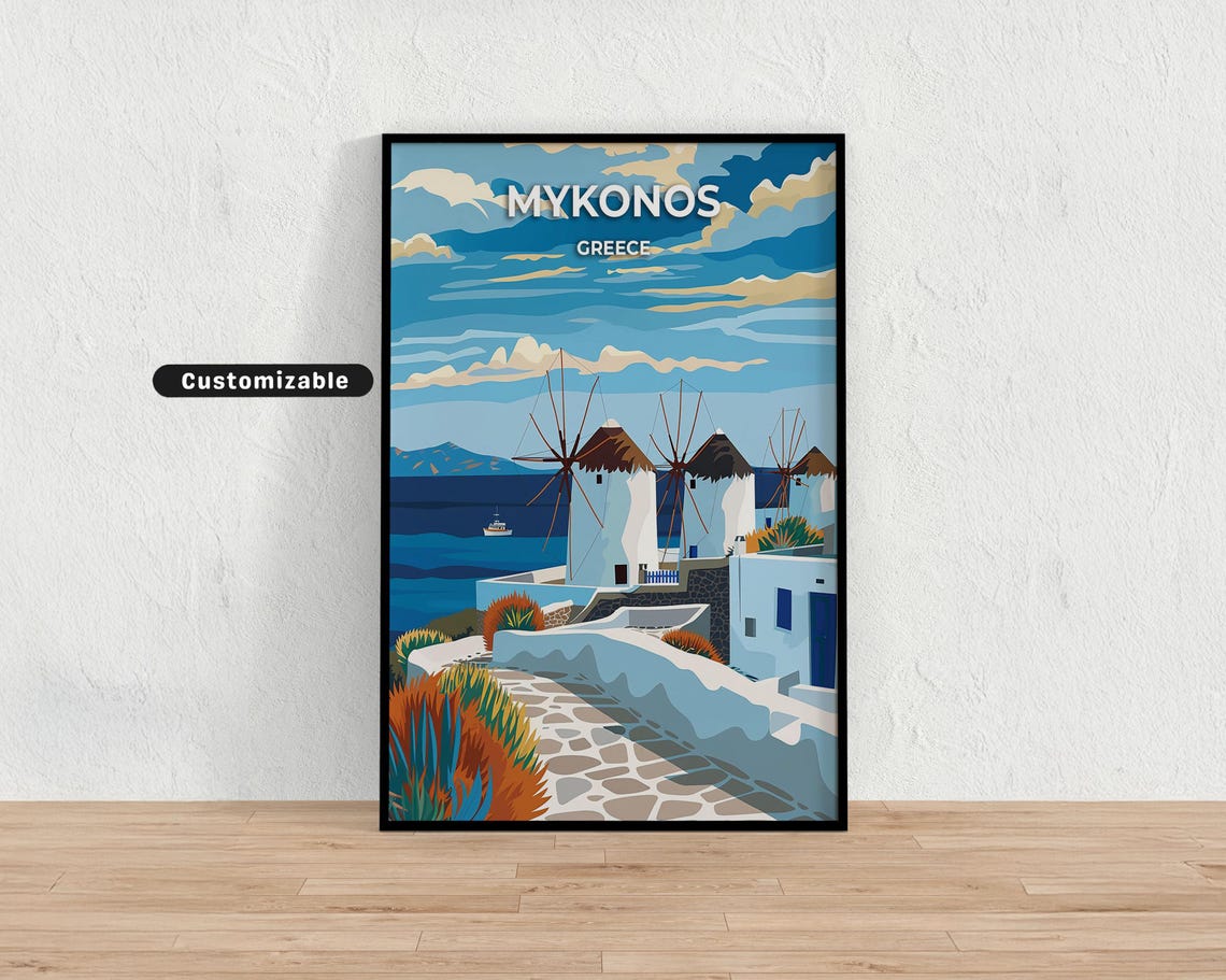 Mykonos Greece Windmill Travel Poster Over Sparkling Aegean Sea