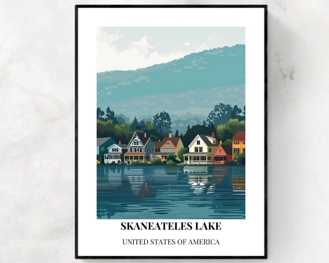 Skaneateles Lake New York Waterfront Homes Retro Travel Poster