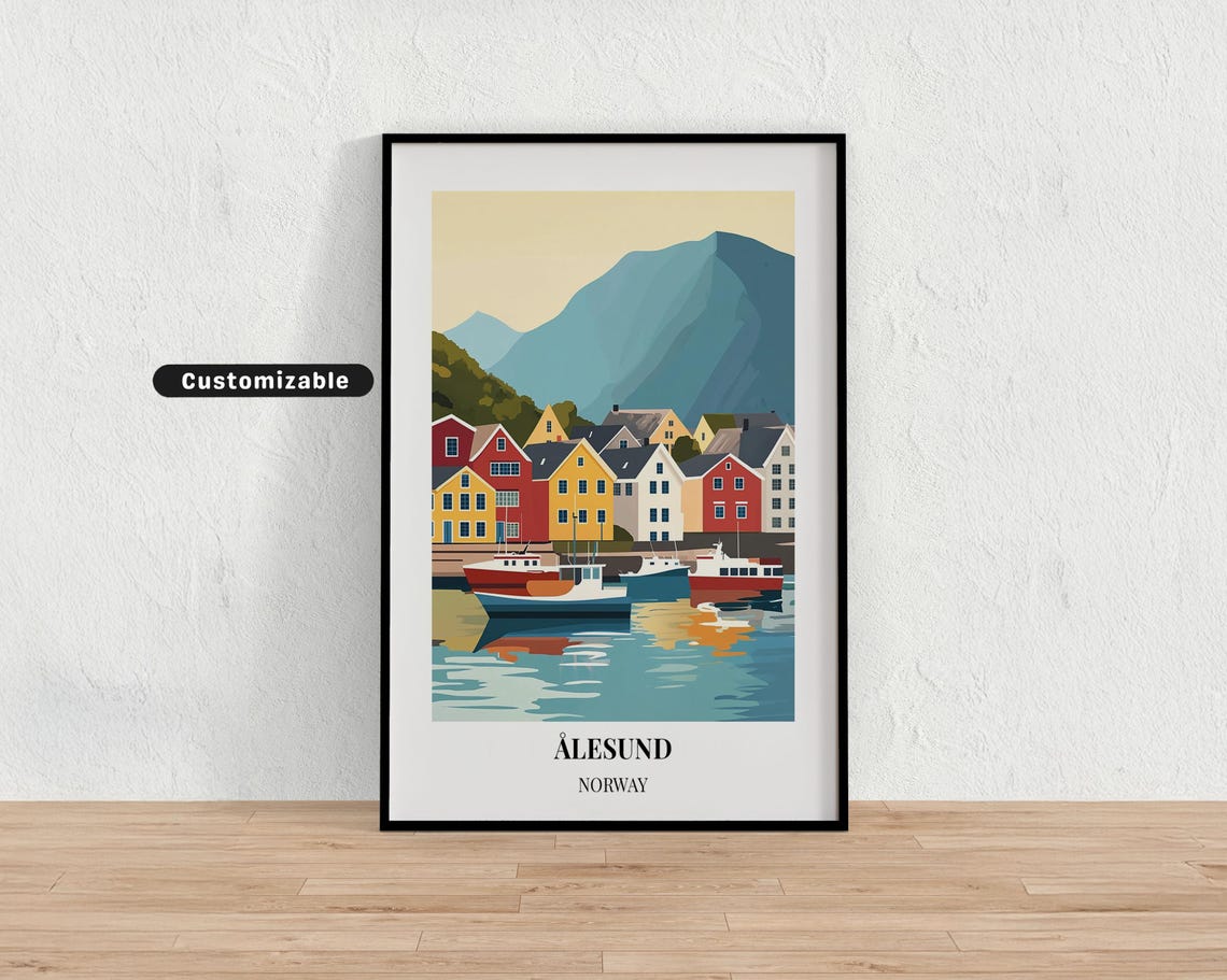 Alesund Norway Colorful Harbor Houses Boats Mountain Travel Poster
