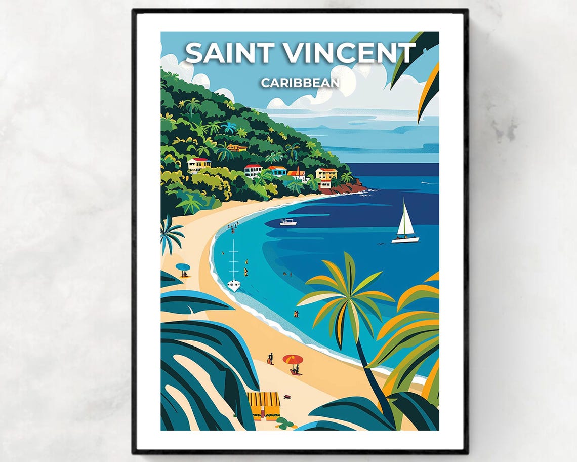 Saint Vincent Caribbean Bay With Sailboats Illustrated Travel Poster
