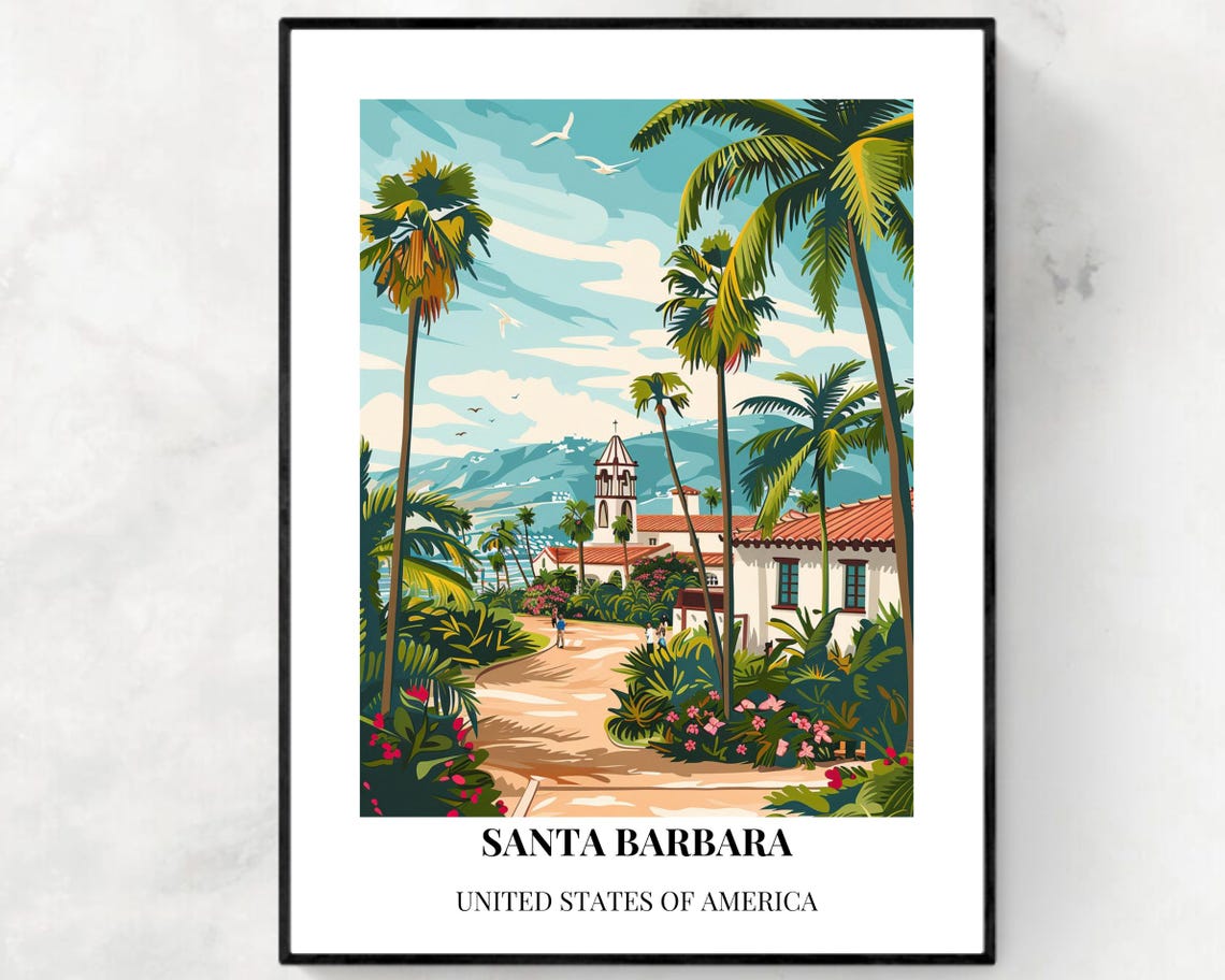 Santa Barbara California Mission Palms Garden Path Travel Poster