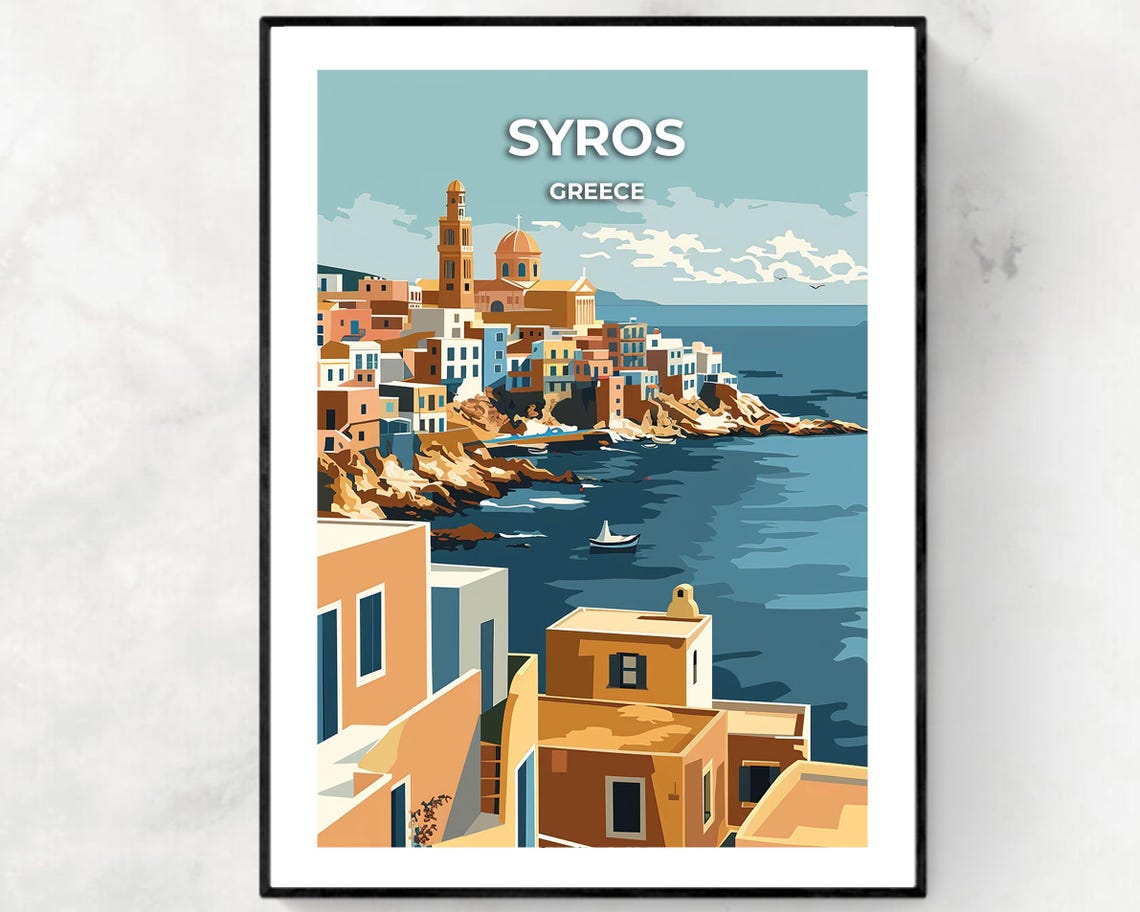 Syros Greece Aegean Coastline With Whitewashed Hillside Village Poster