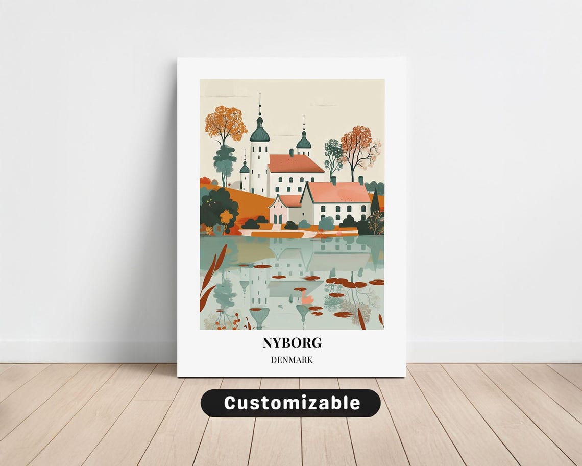 Nyborg Denmark Riverside Manor Autumn Lake Travel Illustration Poster