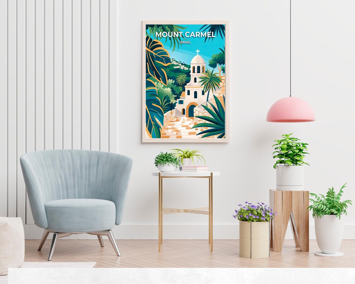 Mount Carmel Israel Hilltop Church Tropical Palm Garden Poster - Image 2