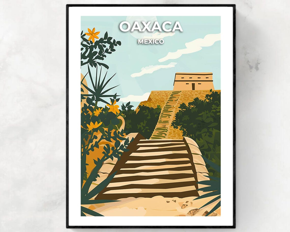 Oaxaca Mexico Monte Alban Pyramid Ancient Steps Flowers Poster