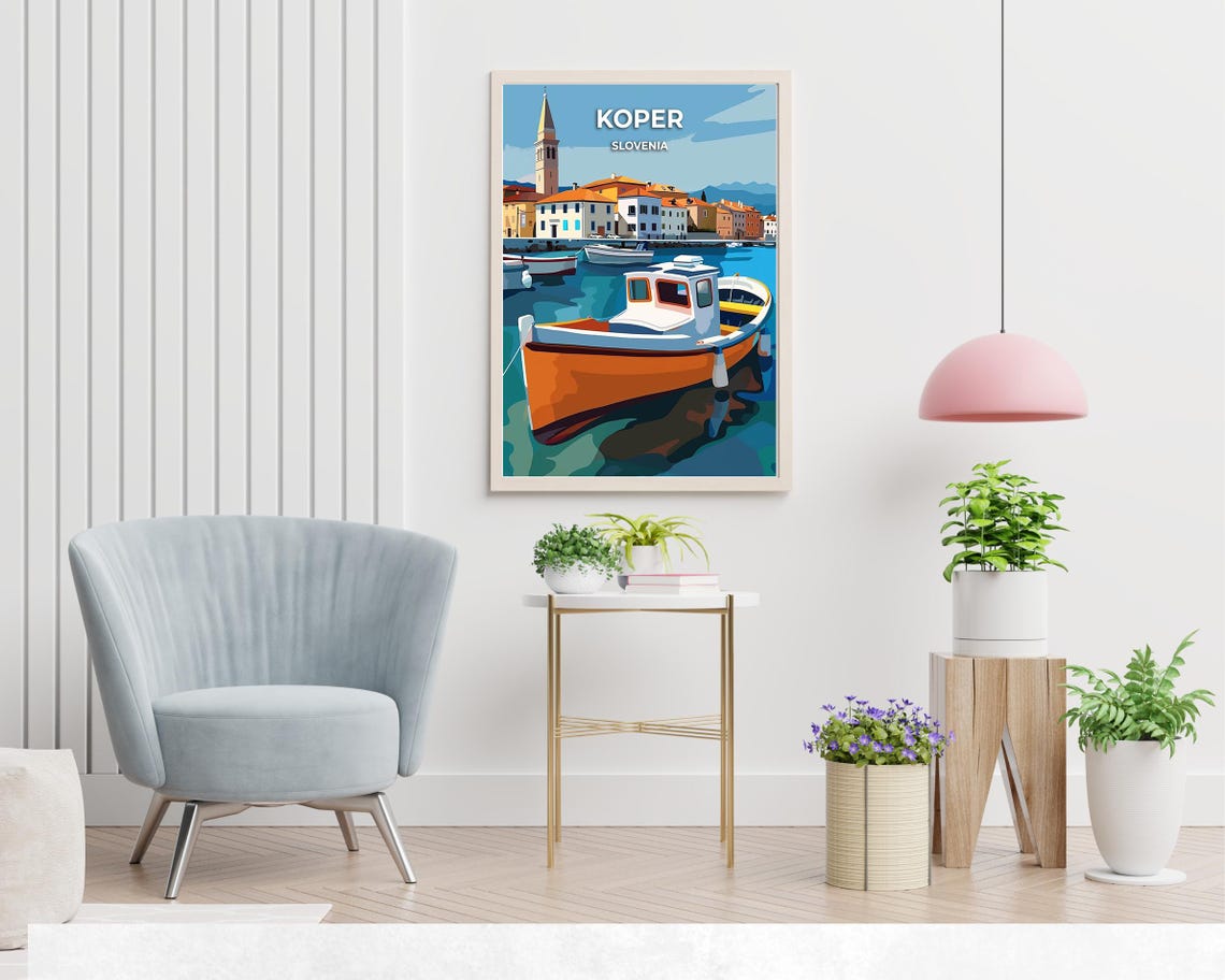 Koper Slovenia Harbor Poster with Fishing Boat and Church Tower - Image 2