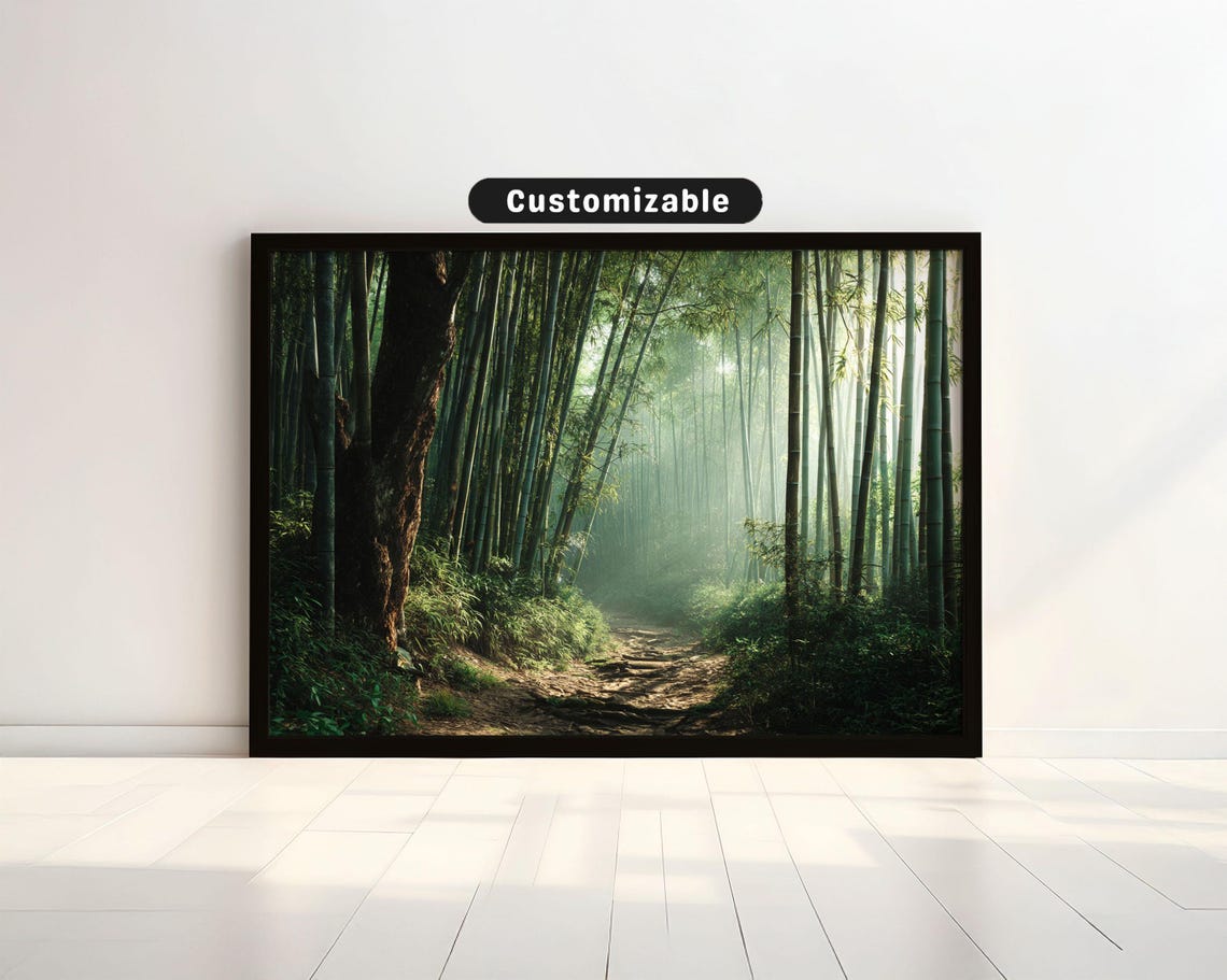 Bamboo Forest Path With Dappled Sunlight And Mist Japanese Wall Art Print Zen Asian Decor