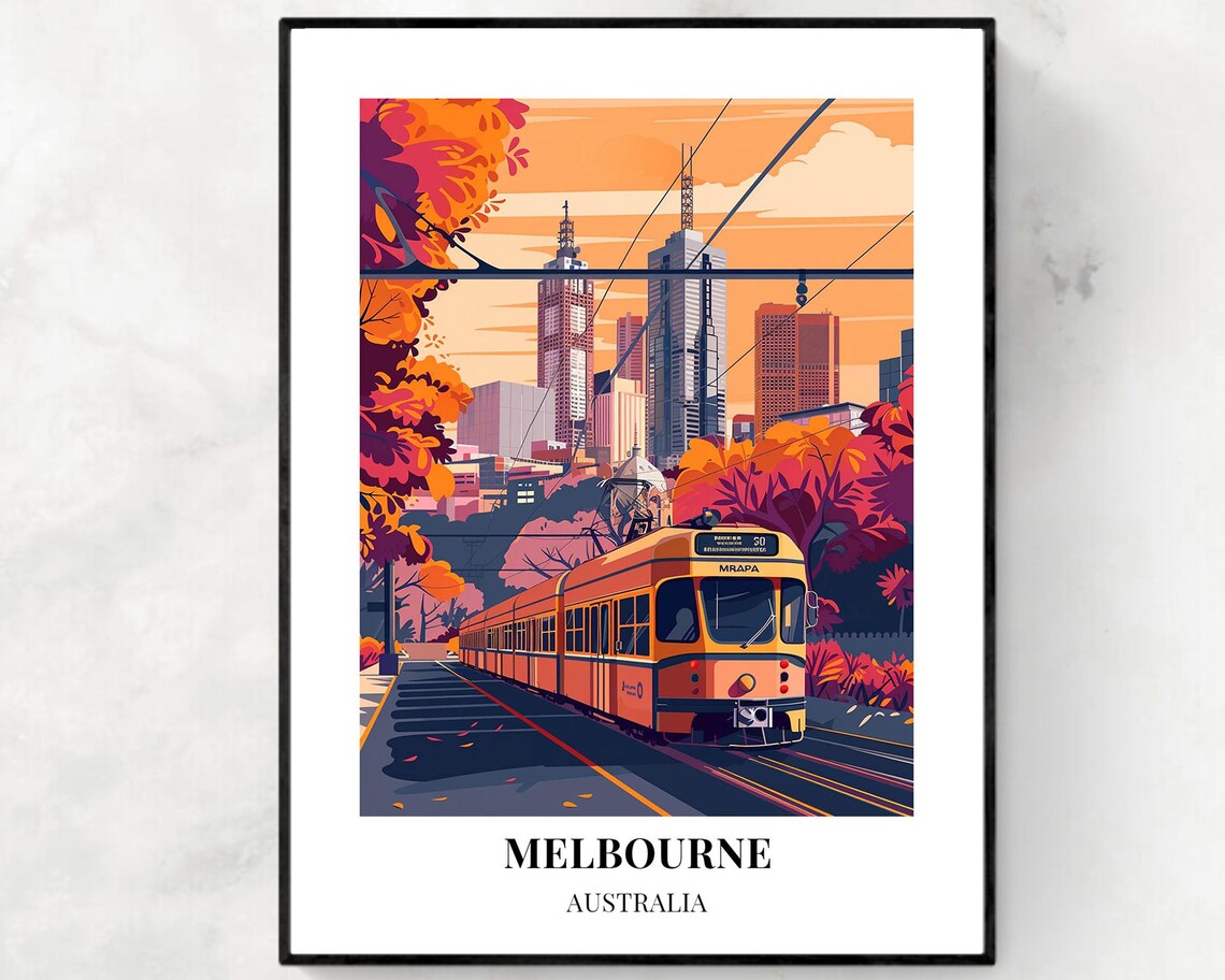 Melbourne Australia Vintage Tram Autumn Street View Travel Poster