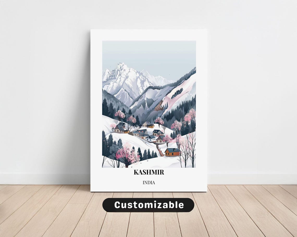 Kashmir India Snowy Mountain Village Winter Travel Art Poster
