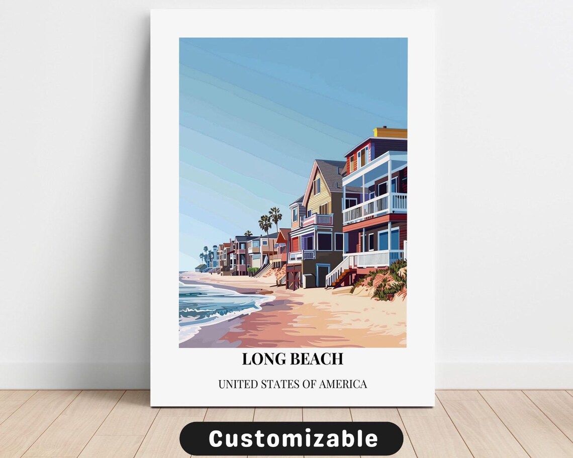 Long Beach Travel Poster of California Beach Houses and Ocean Waves