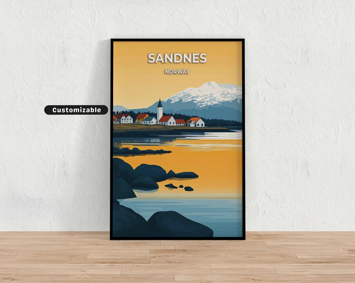 Sandnes Norway Sunset Rocky Shore Golden Village Travel Art Poster