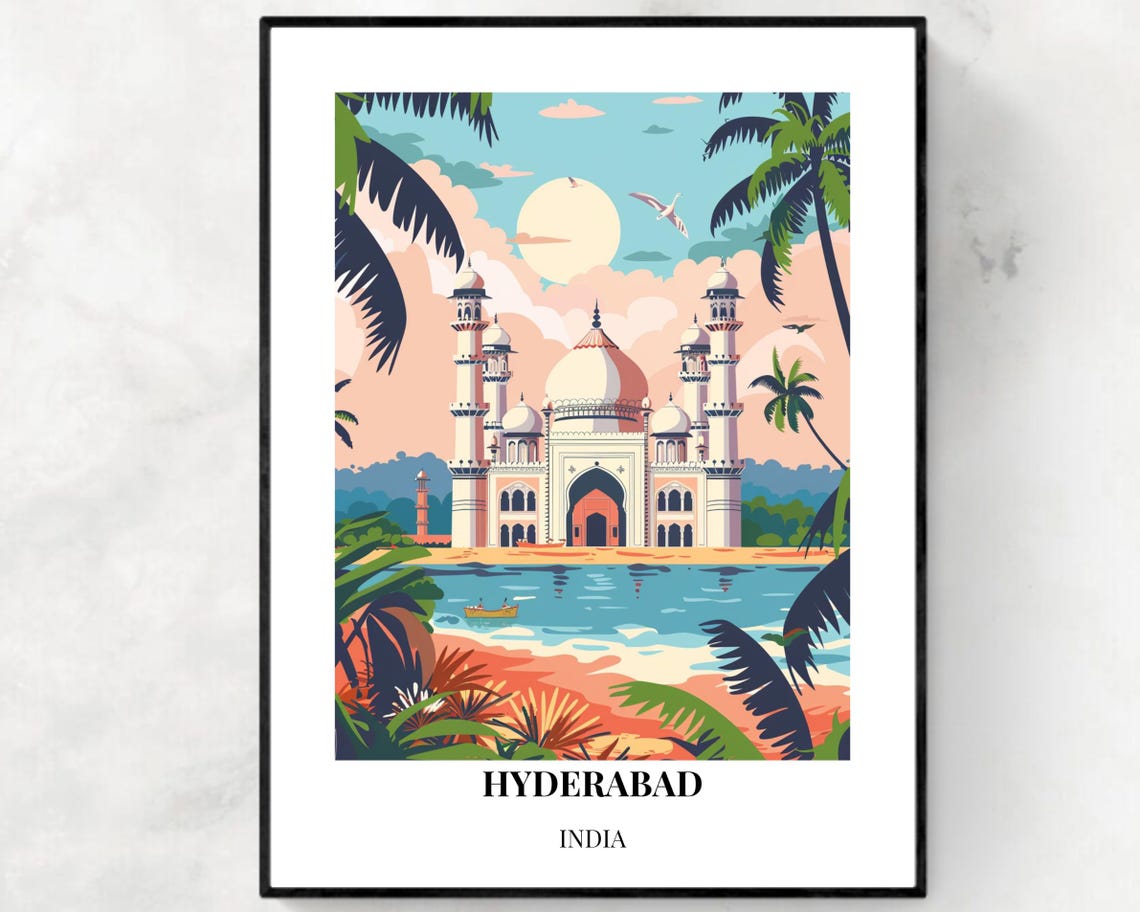 Hyderabad India White Domed Mosque Lake Sunset Travel Poster