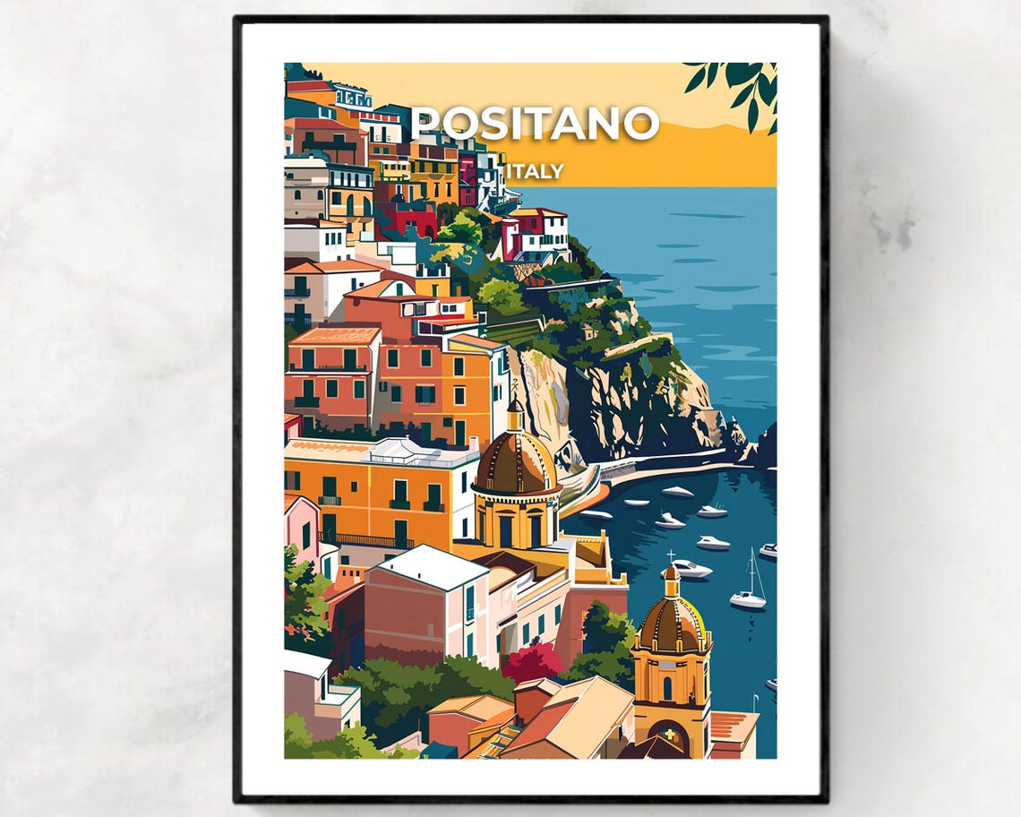 Positano Italy Colorful Cliffside Village Coast Retro Travel Poster