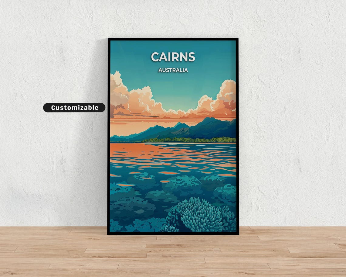 Cairns Australia Coral Reef Sunset Customizable Vintage Travel Poster
