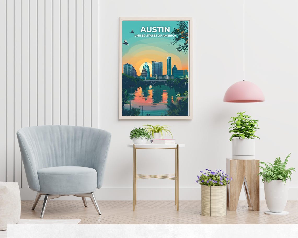 Austin USA Sunset Skyline Over River Bridge Cityscape Poster - Image 2