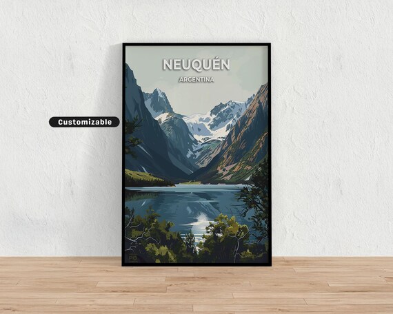 Neuquen Argentina Mountain Lake Travel Poster Snowy Peak View