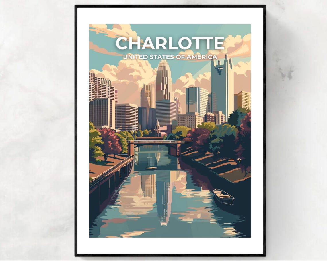 Charlotte Skyline Full Bleed Top Text Cityscape Travel Poster