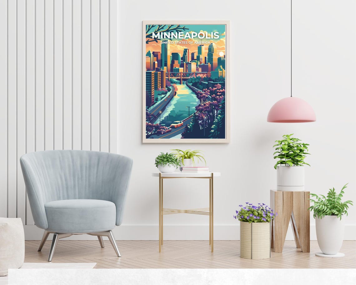 Minneapolis Minnesota Downtown Skyline Sunset Retro Travel Poster - Image 2