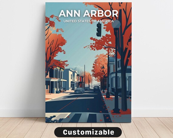 Ann Arbor Michigan Autumn Street Fall Foliage Retro Travel Poster
