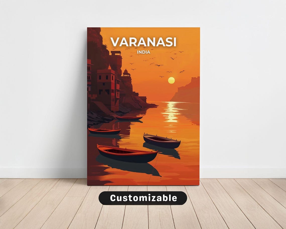 Varanasi India Fiery Orange Sunset Boats Ganges River Travel Poster