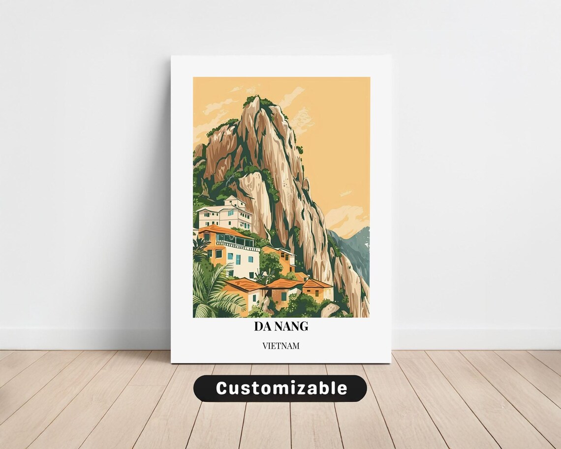 Da Nang Vietnam Cliffside Village Golden Ocean View Travel Poster